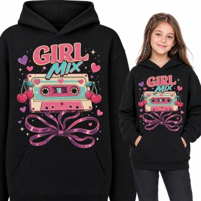 Bluza dziewczęca z kapturem - retro kaseta z wisienkami i kokardą „Girl Mix”