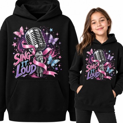 Bluza dziewczęca z kapturem - „Sing it loud” z retro mikrofonem i motylami
