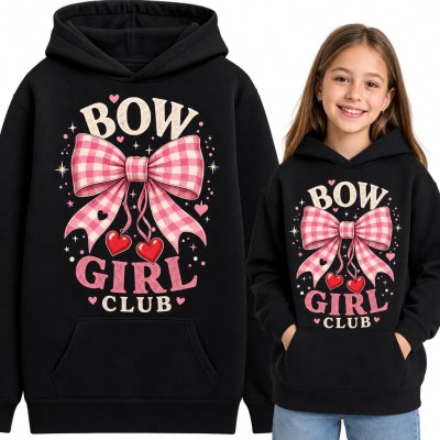 Bluza dziewczęca z kapturem „Bow Girl Club” - różowa kokarda w kratkę z serduszkami