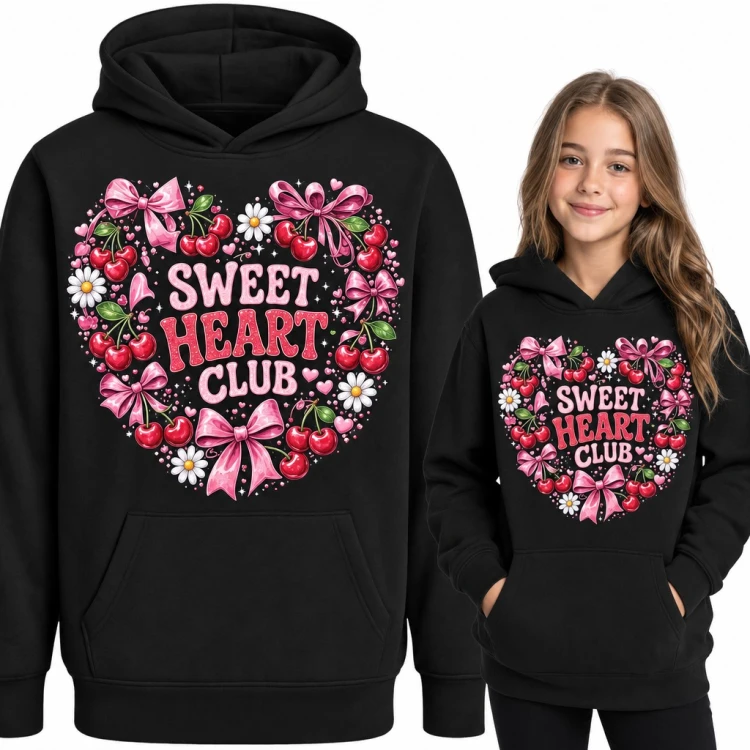 Bluza dziewczęca z kapturem - „Sweet Heart Club” w sercu z wisienek i kokardek