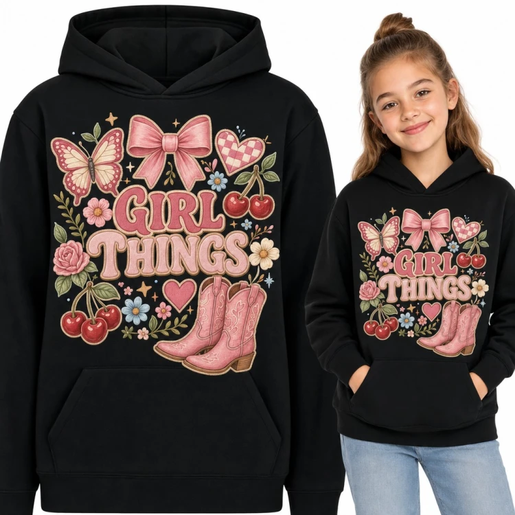 Bluza dziewczęca z kapturem - „Girl things” z różową kokardą i kowbojkami