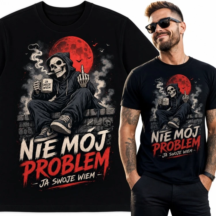 Koszulka męska z kościotrupem i napisem „Nie mój problem - ja swoje wiem”