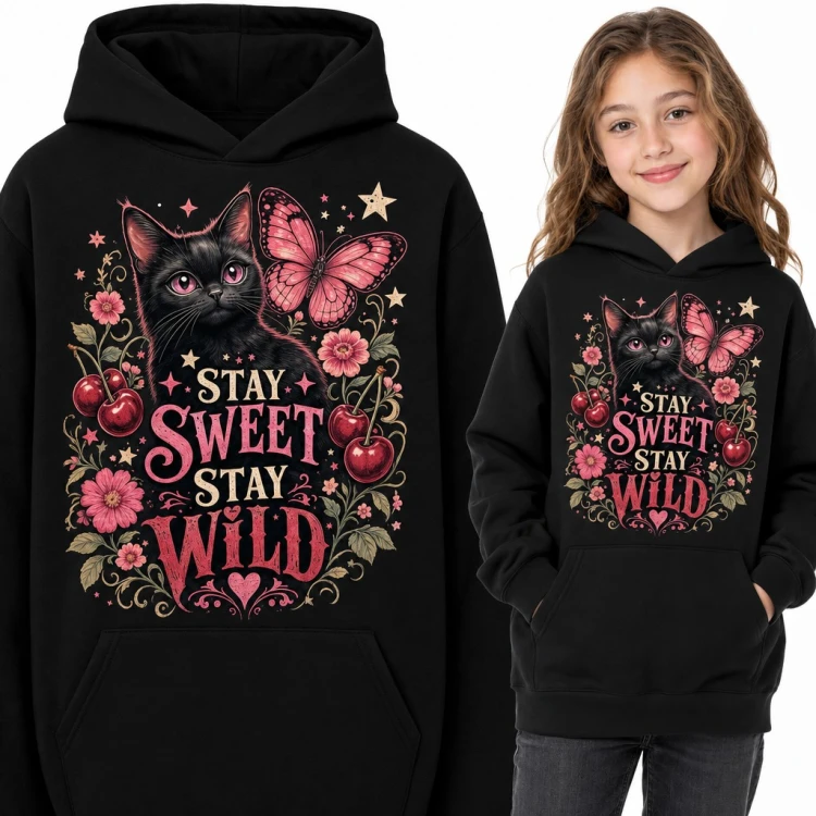 Bluza dziewczęca z kapturem - czarny kot z motylem i wiśniami „Stay sweet stay wild”