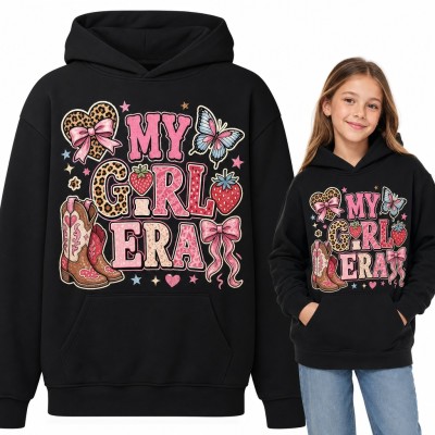 Bluza dziewczęca z kapturem - „My girl era” z kokardami, kowbojkami i panterką