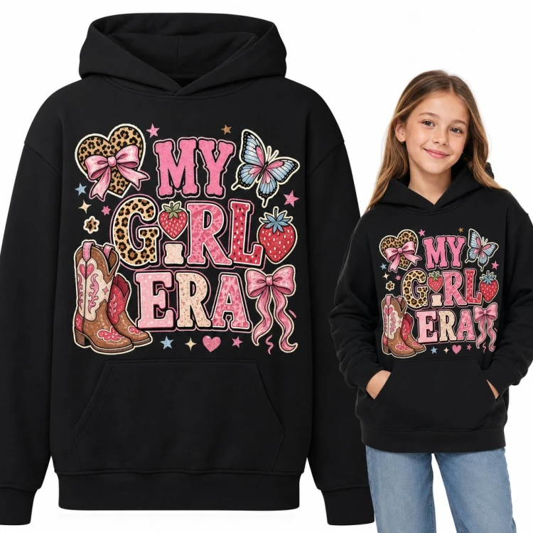 Bluza dziewczęca z kapturem - „My girl era” z kokardami, kowbojkami i panterką