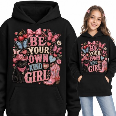 Bluza dziewczęca z kapturem - „Be your own kind of girl” z kotem w kowbojskim kapeluszu