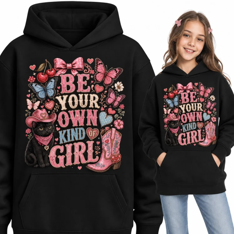 Bluza dziewczęca z kapturem - „Be your own kind of girl” z kotem w kowbojskim kapeluszu