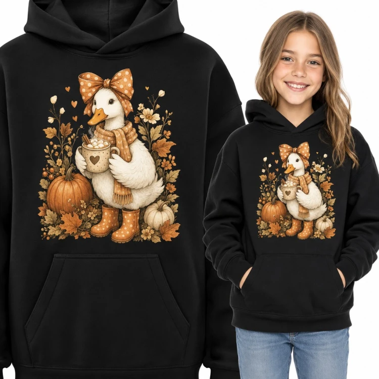 Bluza dziewczęca z kapturem - jesienna gąska z kokardą, kakao i dyniami