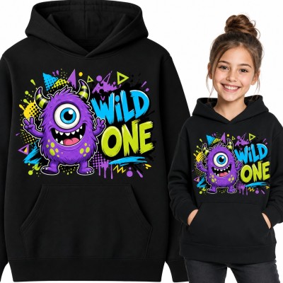 Bluza dziewczęca z kapturem - „Wild One” z fioletowym jednookim potworkiem