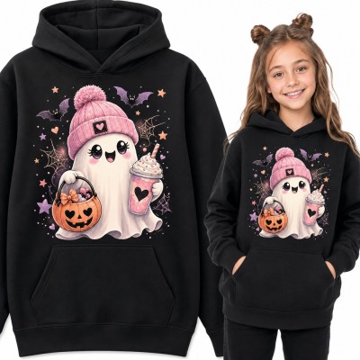 Bluza dziewczęca z kapturem - różowy duszek Halloween z dynią i słodkim napojem