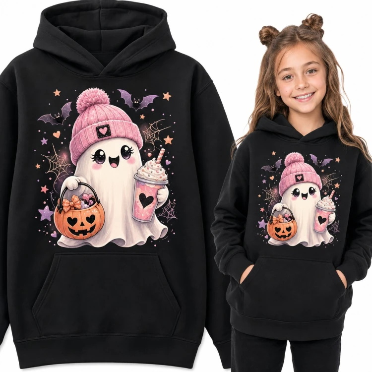 Bluza dziewczęca z kapturem - różowy duszek Halloween z dynią i słodkim napojem