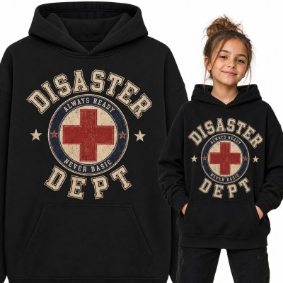 Bluza dziewczęca z kapturem „Disaster Dept” - emblemat z czerwonym krzyżem w stylu college
