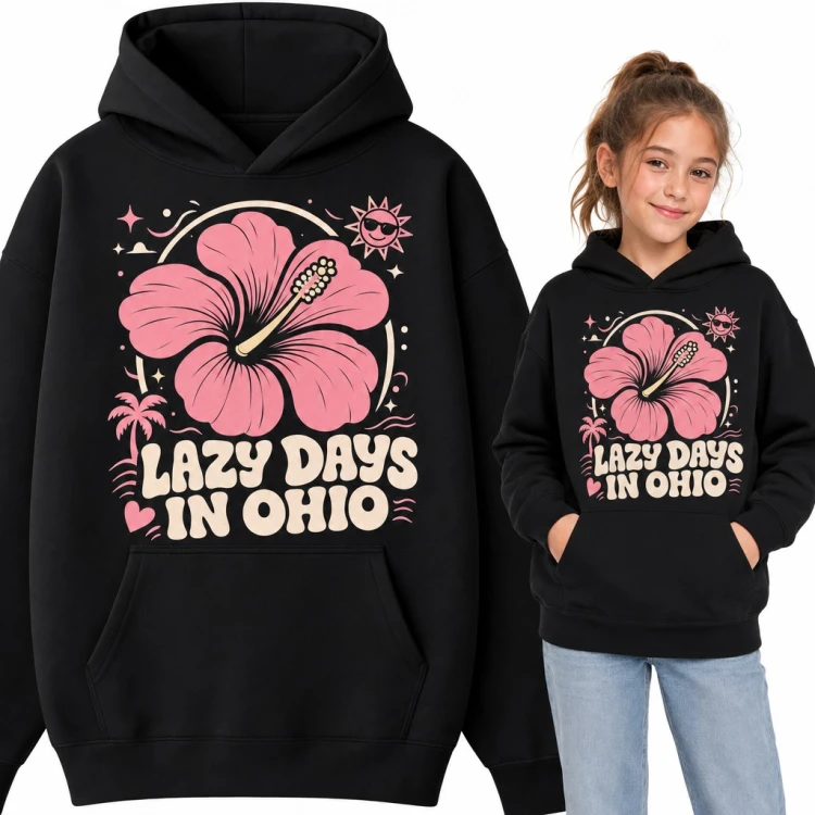 Bluza dziewczęca z kapturem - różowy hibiskus i napis „Lazy days in Ohio”