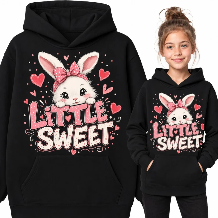Bluza dziewczęca z kapturem - króliczek z kokardką i serduszkami „Little sweet”