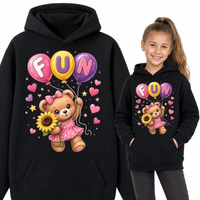 Bluza dziewczęca z kapturem - miś z balonami „Fun” i słonecznikiem