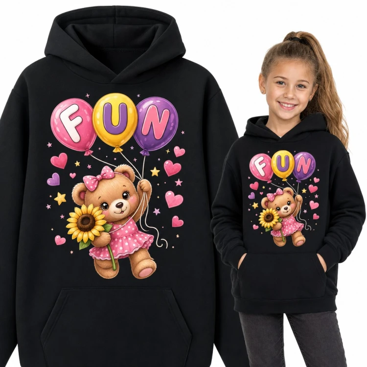 Bluza dziewczęca z kapturem - miś z balonami „Fun” i słonecznikiem