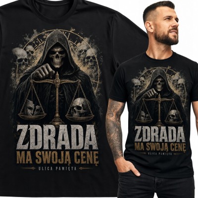 Koszulka męska „Zdrada ma swoją cenę” z kościotrupem i wagą - mroczny wzór