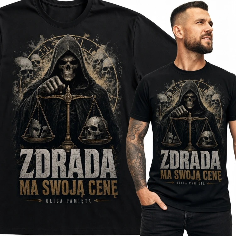 Koszulka męska „Zdrada ma swoją cenę” z kościotrupem i wagą - mroczny wzór