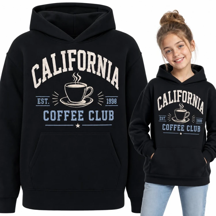 Bluza dziewczęca z kapturem „California Coffee Club” - filiżanka kawy w stylu college
