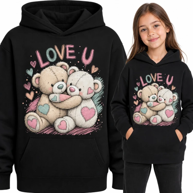 Bluza dziewczęca z kapturem - przytulające się misie z sercami „Love U”