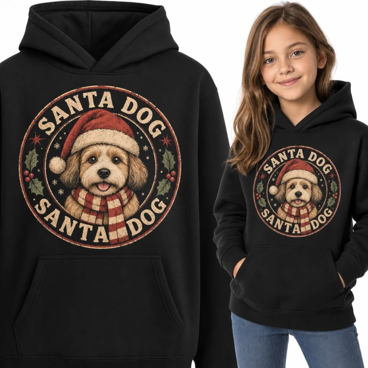 Bluza dziewczęca z kapturem - „Santa Dog” piesek w czapce Mikołaja
