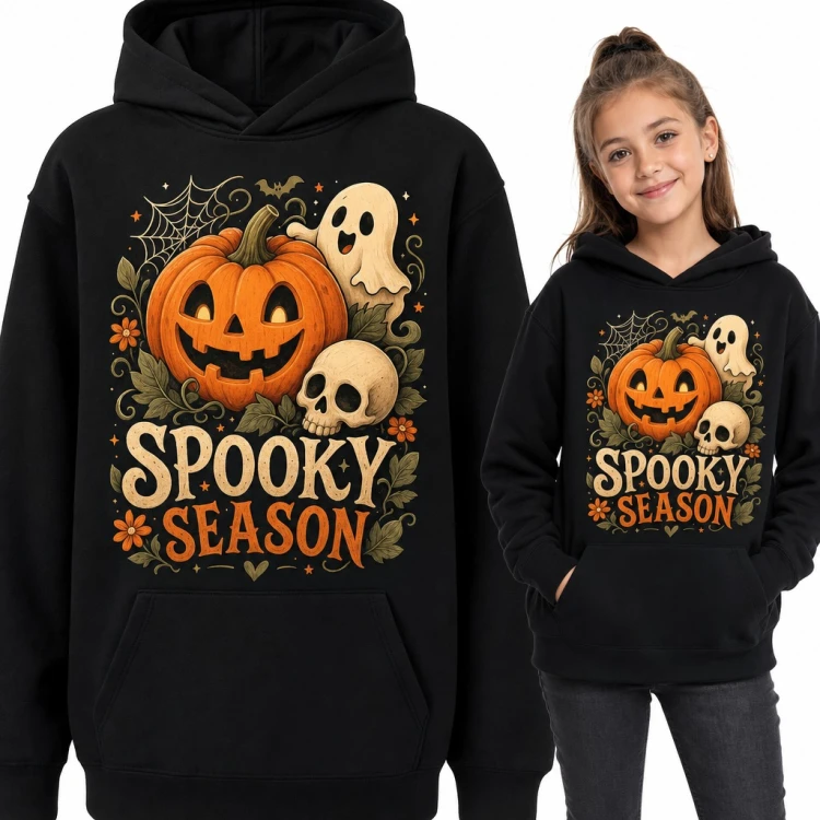 Bluza dziewczęca z kapturem - „Spooky season” z dynią, duszkiem i czaszką na Halloween