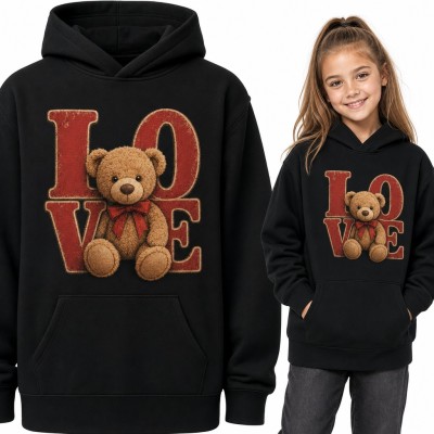 Bluza dziewczęca z kapturem - pluszowy miś z czerwoną kokardą i napis „Love”