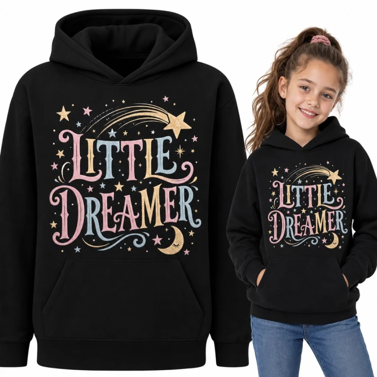 Bluza dziewczęca z kapturem - „Little Dreamer” z gwiazdkami i śpiącym księżycem