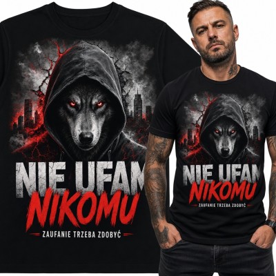 Koszulka męska z wilkiem w kapturze „Nie ufam nikomu” - mroczny miejski nadruk