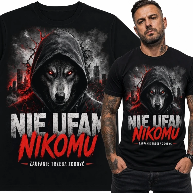 Koszulka męska z wilkiem w kapturze „Nie ufam nikomu” - mroczny miejski nadruk