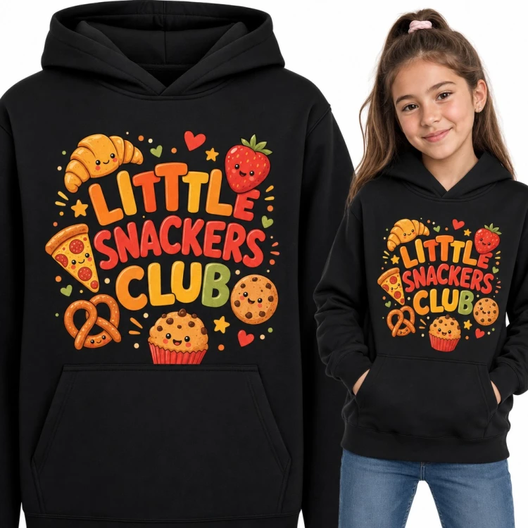 Bluza dziewczęca z kapturem „Little Snackers Club” - uśmiechnięte przekąski kawaii
