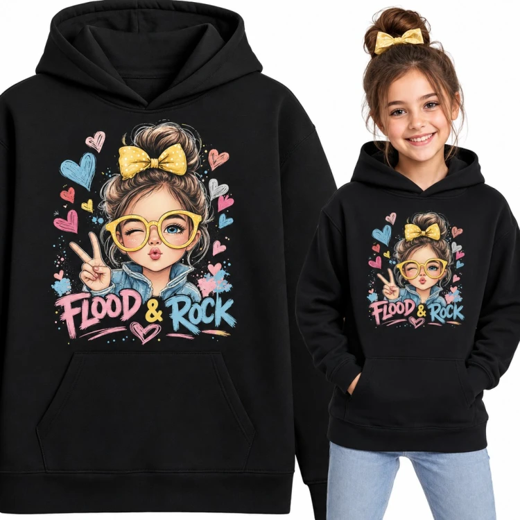 Bluza dziewczęca z kapturem „Flood & Rock” - dziewczynka w żółtych okularach i serduszka
