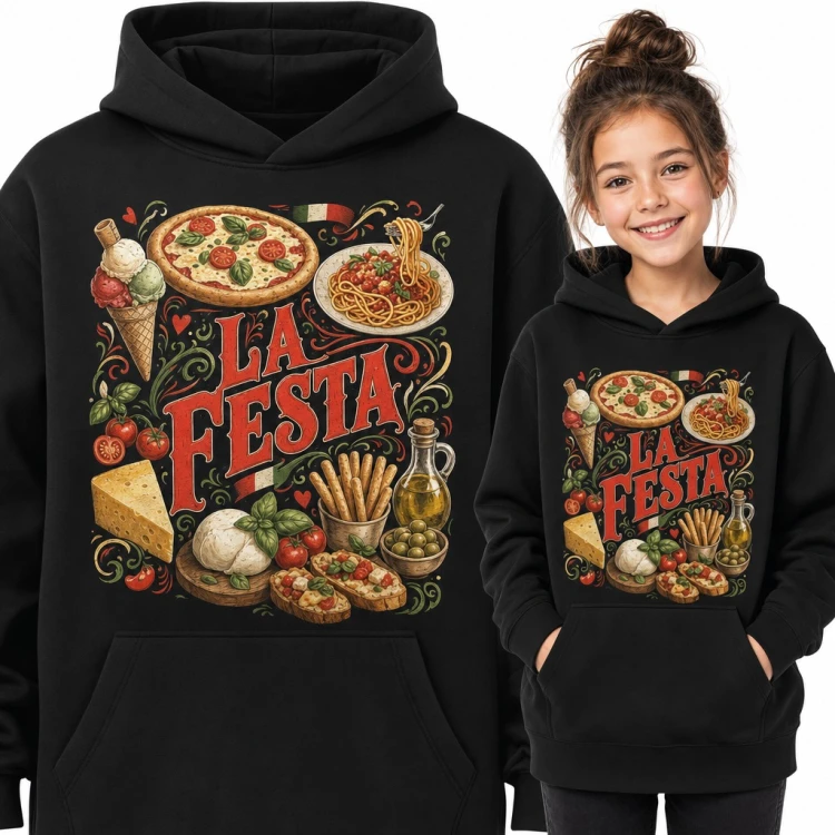 Bluza dziewczęca z kapturem - „La Festa” z pizzą, spaghetti i włoskimi lodami