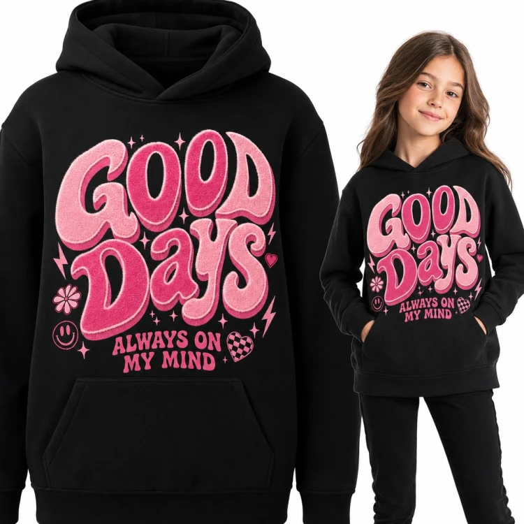 Bluza dziewczęca z kapturem „Good days always on my mind” - różowy retro napis z sercami
