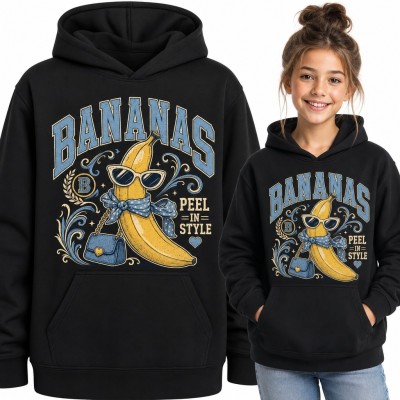 Bluza dziewczęca z kapturem „Bananas peel in style” - modny banan w okularach z torebką
