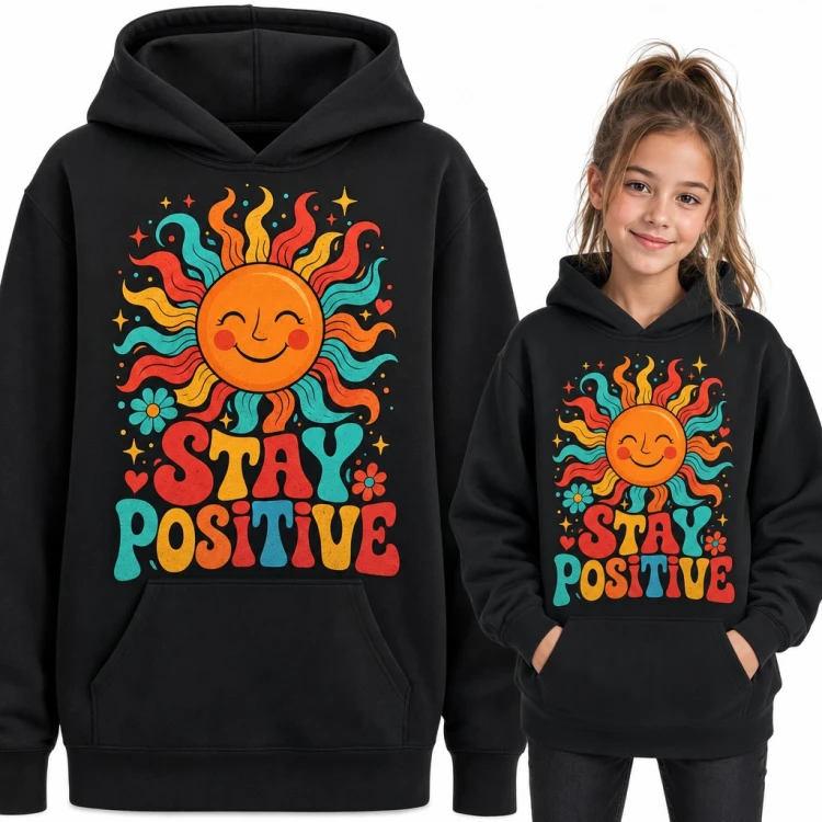 Bluza dziewczęca z kapturem - „Stay positive” z uśmiechniętym słońcem retro