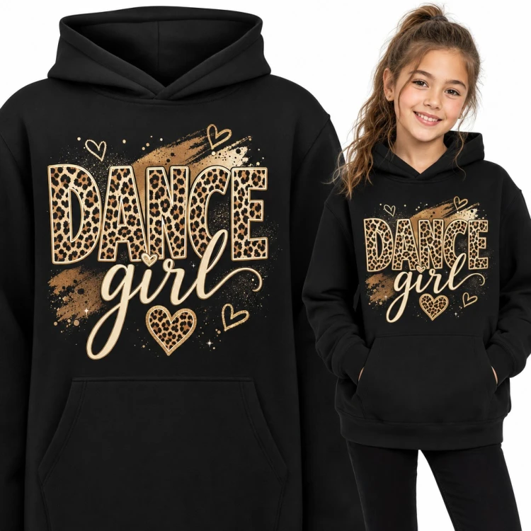 Bluza dziewczęca z kapturem „Dance girl” - panterkowy napis dla tancerki