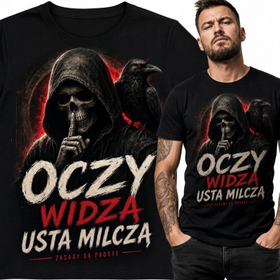 Koszulka męska z czaszką i krukiem „Oczy widzą usta milczą” - gotycki nadruk