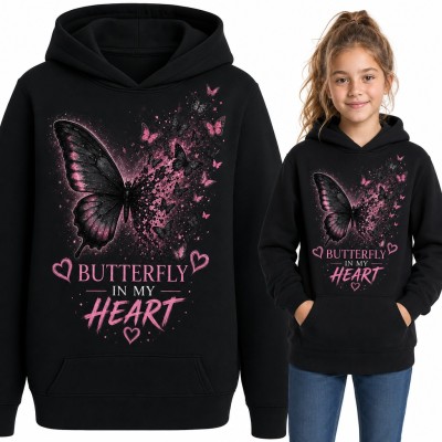 Bluza dziewczęca z kapturem - „Butterfly in my heart” z motylem rozsypanym w różowy brokat
