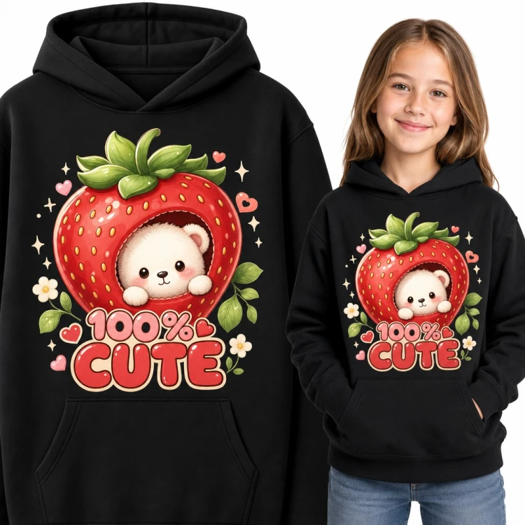 Bluza dziewczęca z kapturem - „100% Cute” z misiem w truskawce