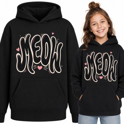 Bluza dziewczęca z kapturem „Meow” - kocie wąsiki i różowe serduszka