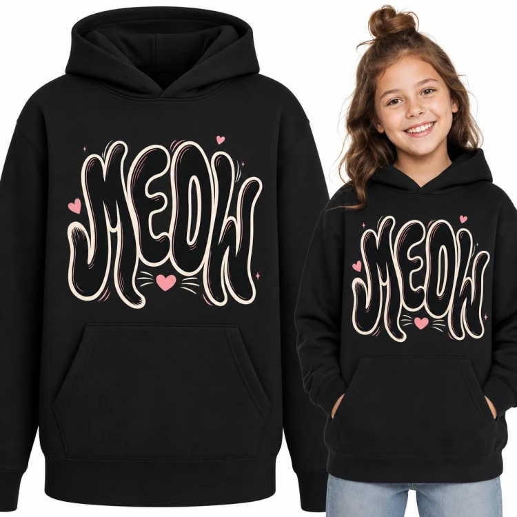 Bluza dziewczęca z kapturem „Meow” - kocie wąsiki i różowe serduszka