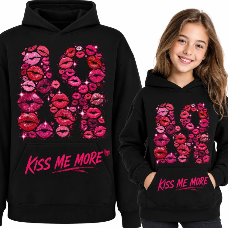 Bluza dziewczęca z kapturem - „Kiss me more” i LOVE z odcisków ust
