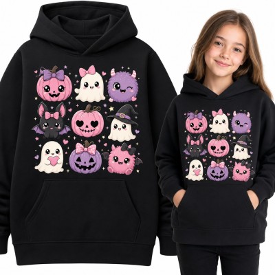 Bluza dziewczęca z kapturem - halloweenowe dynie i duszki kawaii w różu