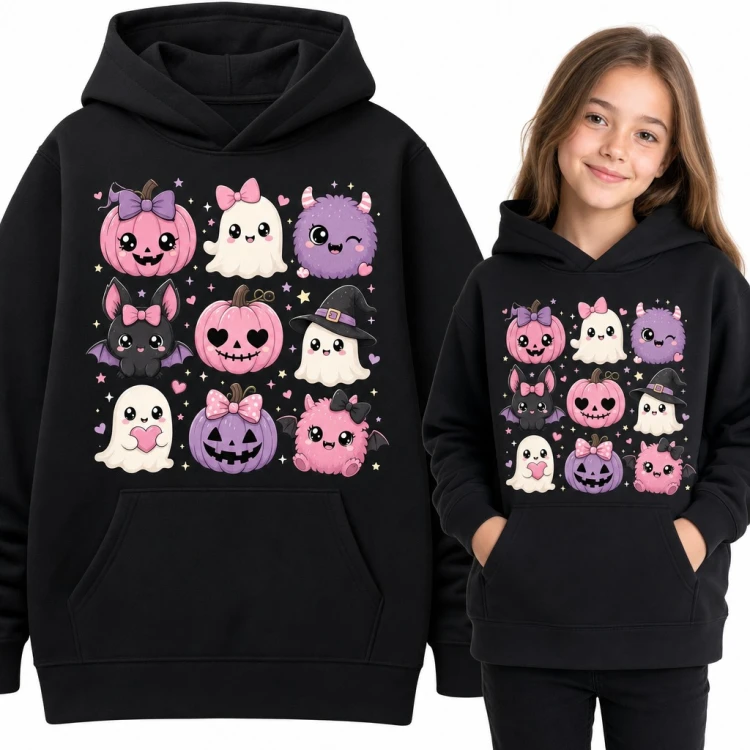 Bluza dziewczęca z kapturem - halloweenowe dynie i duszki kawaii w różu