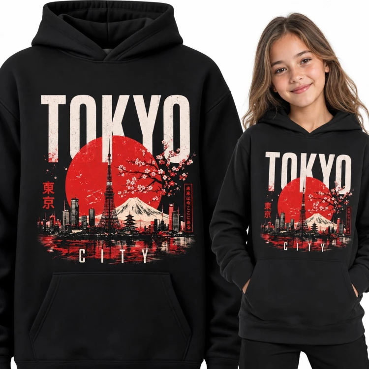 Bluza dziewczęca z kapturem - „Tokyo City” z górą Fuji i kwitnącą sakurą