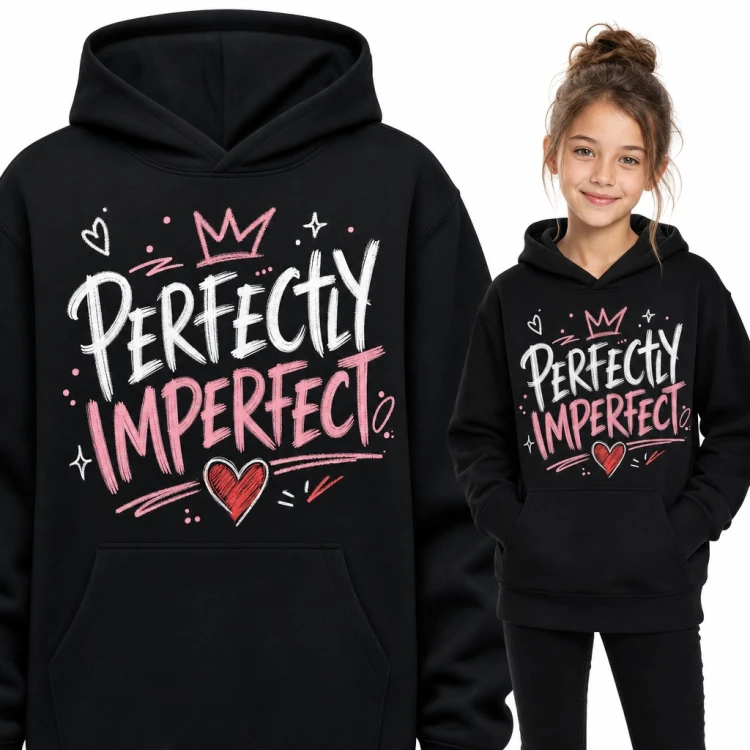 Bluza dziewczęca z kapturem - „Perfectly imperfect” z koroną i sercem