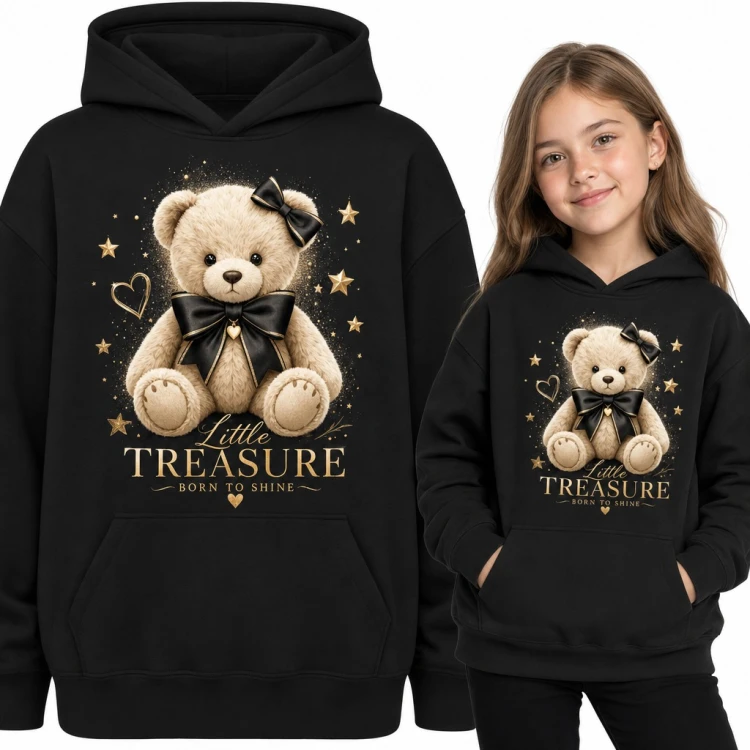 Bluza dziewczęca z kapturem - miś z kokardą i złotymi gwiazdkami „Little Treasure”
