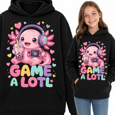 Bluza dziewczęca z kapturem - aksolotl gamerka „Game a lotl” z konsolą i bubble tea