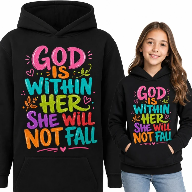 Bluza dziewczęca z kapturem - religijny napis „God is within her, she will not fall” w kolorowych literach